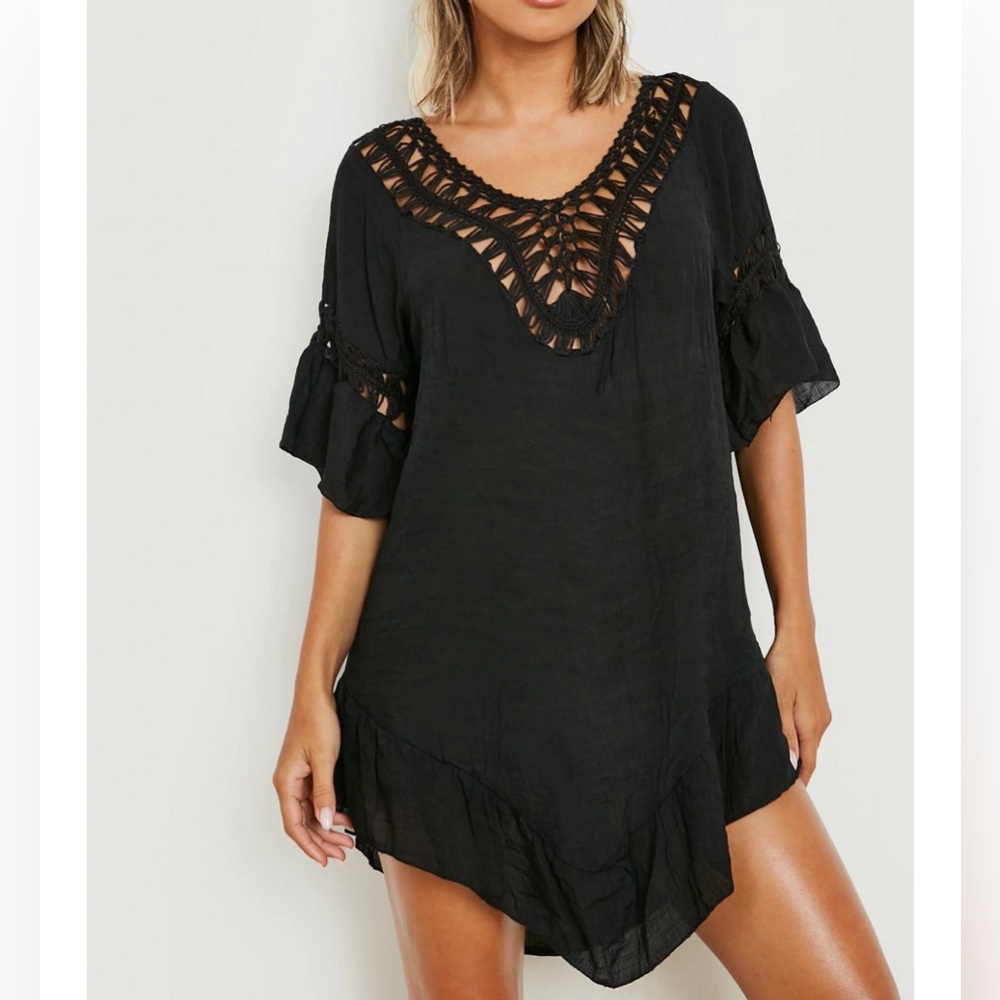 Woven Tassel Trim Dip Hem Black Beach Cover-up Low Back Dress